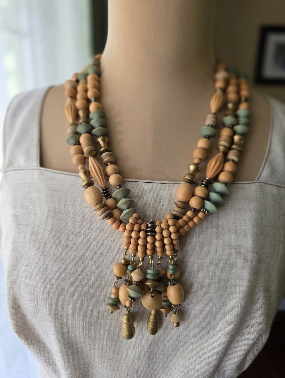 Vintage 30in Triple Strand Wood Bead Necklace Green Brass Boho Statement Jewelry